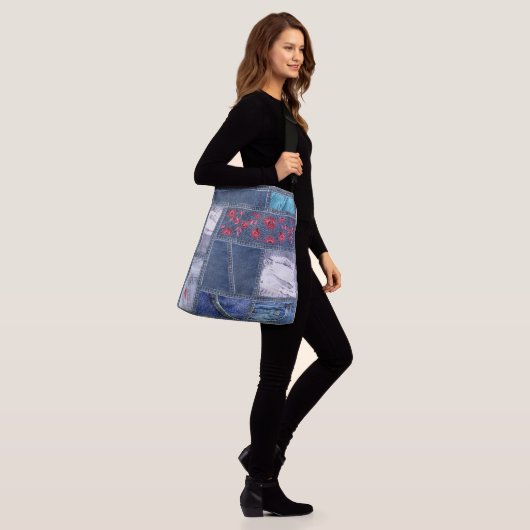 Denim Patchwork geïnspireerd Crossbody Tas (Op model)