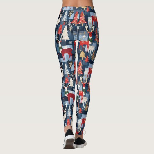 Denim Patchwork Geplakte kerstbomen & rendieren Leggings (Achterkant)