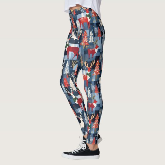 Denim Patchwork Geplakte kerstbomen & rendieren Leggings (Links)