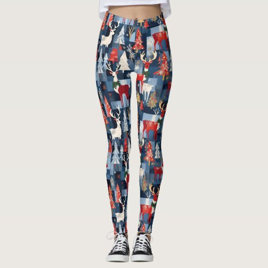 Denim Patchwork Geplakte kerstbomen & rendieren Leggings (Voorkant)