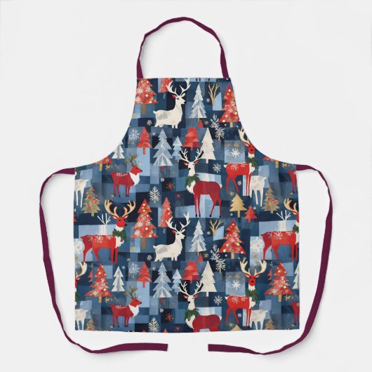 Denim Patchwork Geplakte kerstbomen & rendieren Schort (Voorkant)