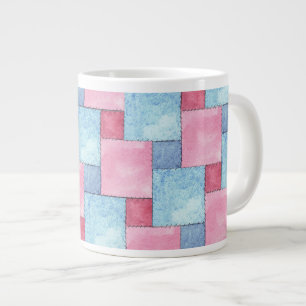 Denim Patchwork Jumbo Mok, Pinks, Blues Grote Koffiekop