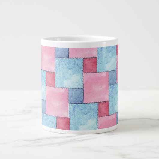 Denim Patchwork Jumbo Mok, Pinks, Blues Grote Koffiekop (Voorkant)