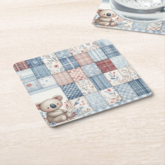 Denim Patchwork Koala - Square Paper Coaster Kartonnen Onderzetters (Schuin)