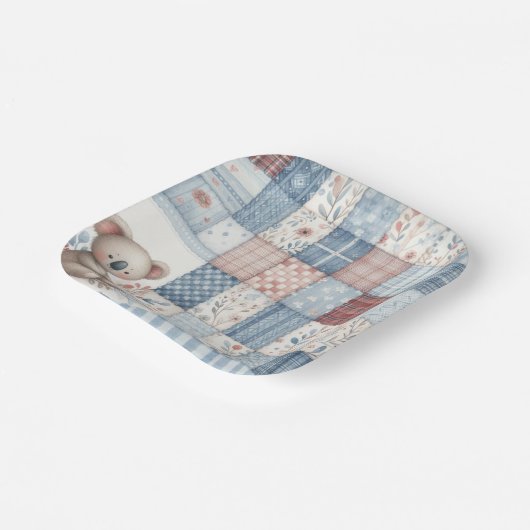 Denim Patchwork Koala - Square Paper Plate Papieren Bordje (Gebogen)