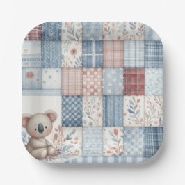 Denim Patchwork Koala - Square Paper Plate Papieren Bordje