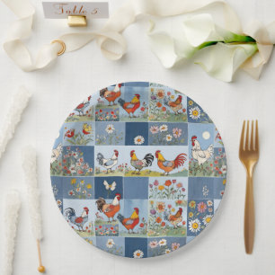 Denim Patchwork met kippen en wilde bloemen Papieren Bordje