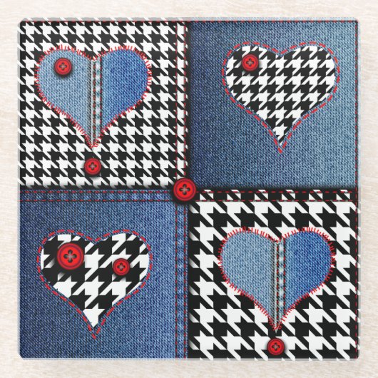Denim Patchwork: naadloos stoffenpatroon Glazen Onderzetter (Voorkant)