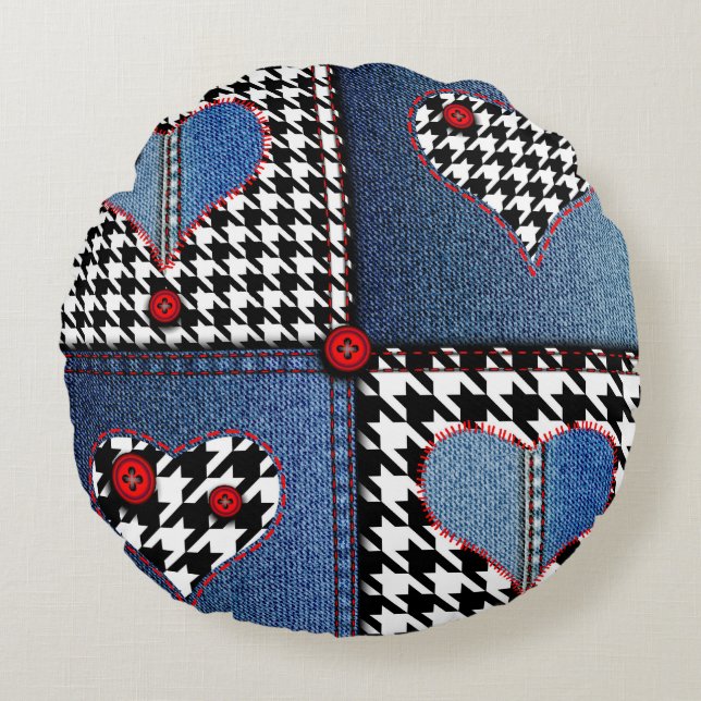 Denim Patchwork: naadloos stoffenpatroon Rond Kussen (Voorkant)