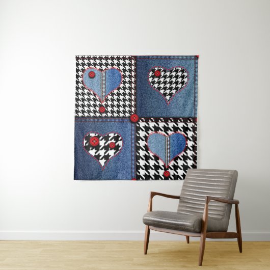 Denim Patchwork: naadloos stoffenpatroon Wandkleed (In situ)