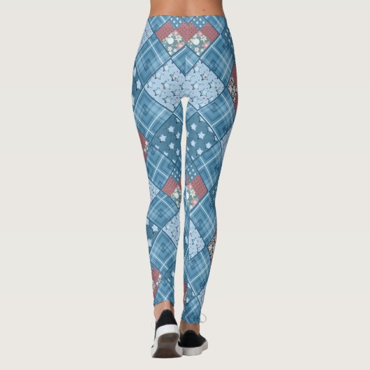 Denim patchwork, patchwork, textiel, blauw patroon leggings (Achterkant)