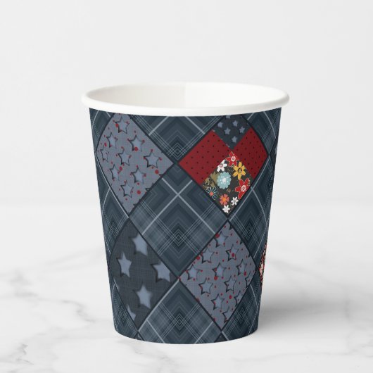 Denim patchwork, patchwork, textiel, blauw patroon papieren bekers (Links)
