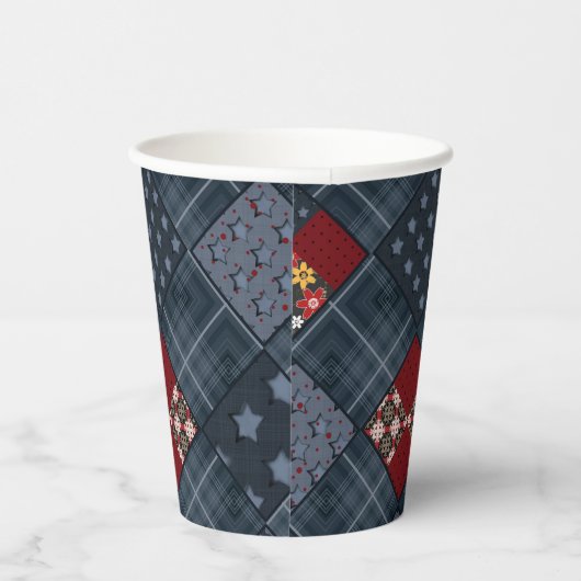 Denim patchwork, patchwork, textiel, blauw patroon papieren bekers (Rechts)