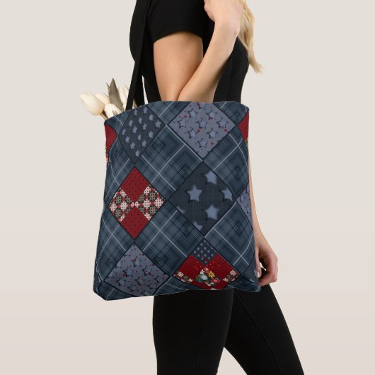 Denim patchwork, patchwork, textiel, blauw patroon tote bag (Dichtbij)