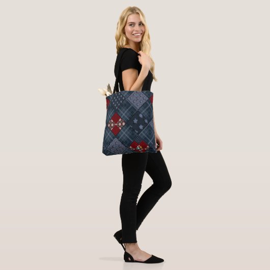 Denim patchwork, patchwork, textiel, blauw patroon tote bag (Op model)