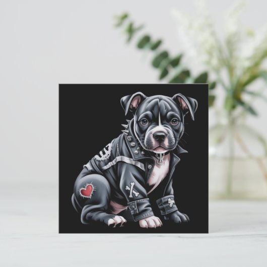 Denim Patchwork Pitbull Hond Edgy Rocker Gotisch Feestdagenkaart (Staand voorkant)