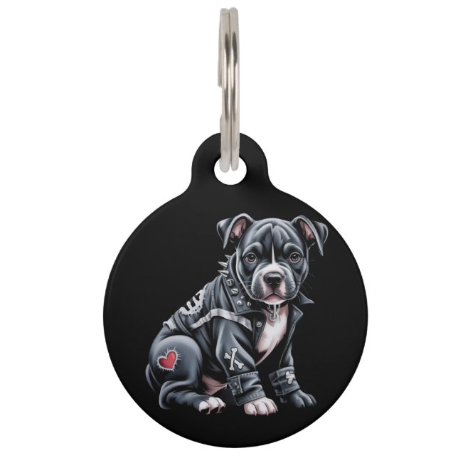 Denim Patchwork Pitbull Hond Edgy Rocker Gotisch Huisdierpenning (Voorkant)