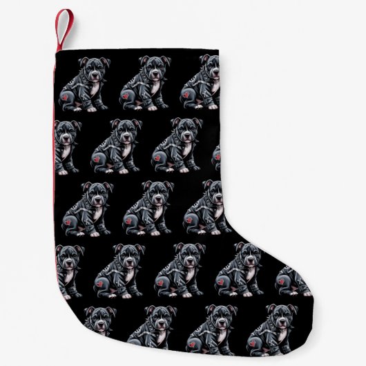 Denim Patchwork Pitbull Hond Edgy Rocker Gotisch Kleine Kerstsok (Voorkant)