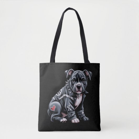 Denim Patchwork Pitbull Hond Edgy Rocker Gotisch Tote Bag (Voorkant)