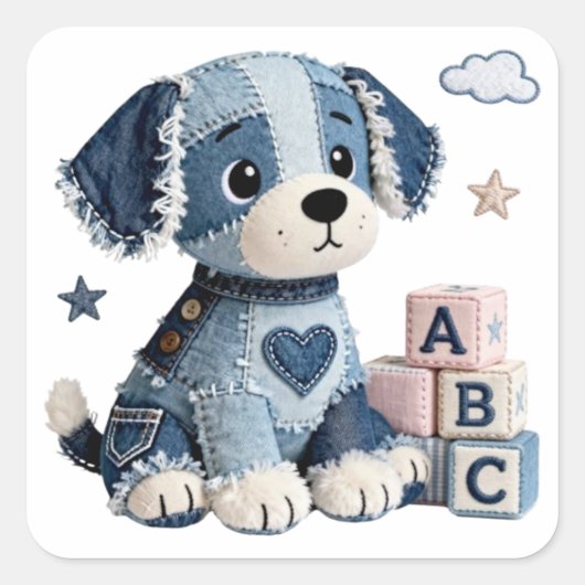 Denim Patchwork Puppy Hond Vierkante Sticker (Voorkant)