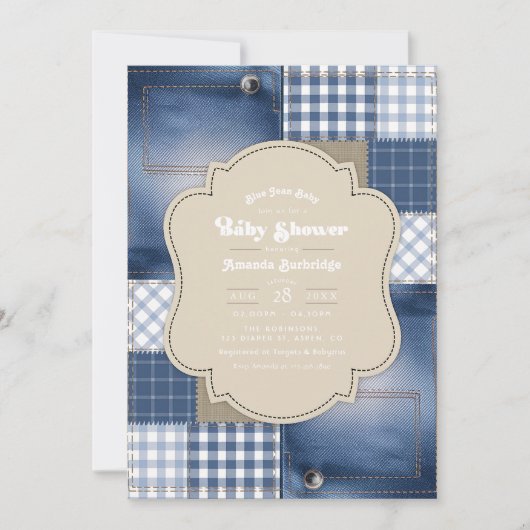 Denim Patchwork Rustiek Chic Blue Jean Baby shower Kaart (Voorkant)