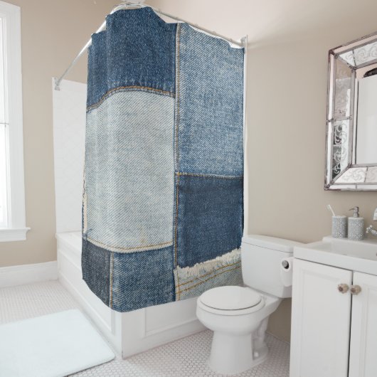 Denim Patchwork: textielpatroon Douchegordijn (In situ)