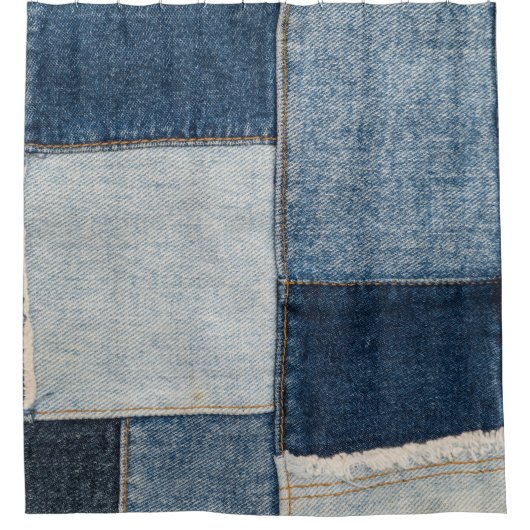Denim Patchwork: textielpatroon Douchegordijn (Voorkant)