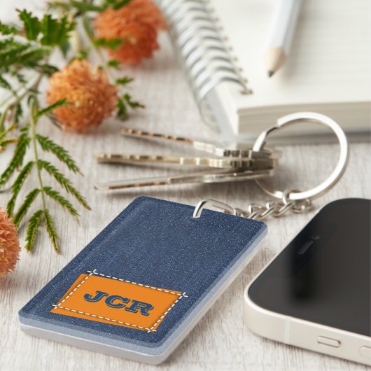 Denim Patroon Aangepaste Monogrammen Sleutelhanger (Voorkant Rechts)