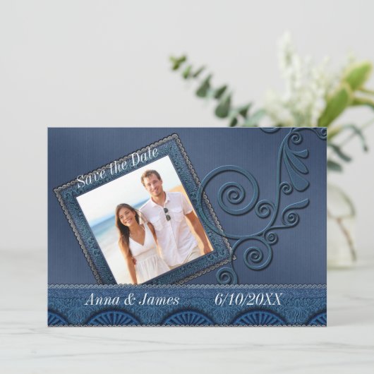 Denim Photo Save the Date Kaart (Staand voorkant)