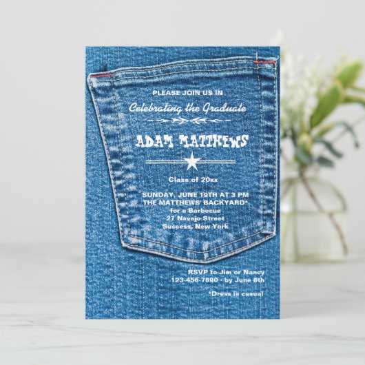 Denim Pocket Afstuderen Invitation Kaart (Staand voorkant)