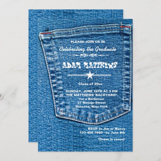 Denim Pocket Afstuderen Invitation Kaart (Voorkant / Achterkant)
