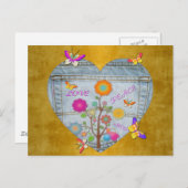 Denim Pocket Heart Flowers Butterflies Briefkaart (Voorkant / Achterkant)