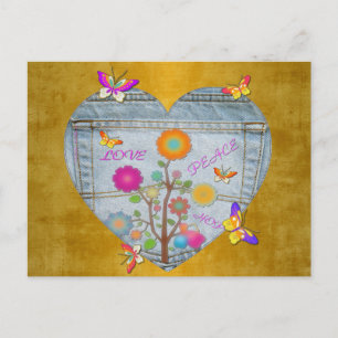Denim Pocket Heart Flowers Butterflies Briefkaart