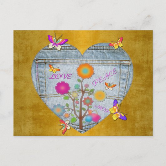 Denim Pocket Heart Flowers Butterflies Briefkaart (Voorkant)