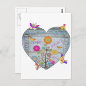 Denim Pocket Heart Flowers Butterflies Briefkaart (Voorkant / Achterkant)