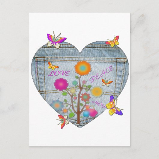 Denim Pocket Heart Flowers Butterflies Briefkaart (Voorkant)
