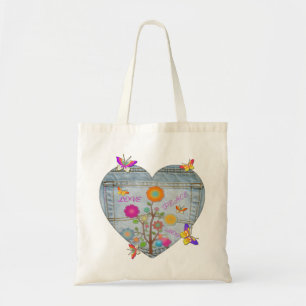 Denim Pocket Heart Flowers Butterflies Canvas tas