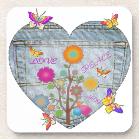 Denim Pocket Heart Flowers Butterflies Drankjes Onderzetter (Voorkant)