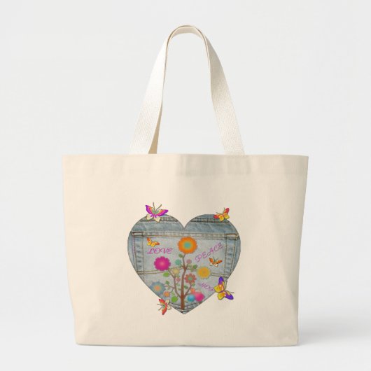 Denim Pocket Heart Flowers Butterflies Grote Tote Bag (Voorkant)