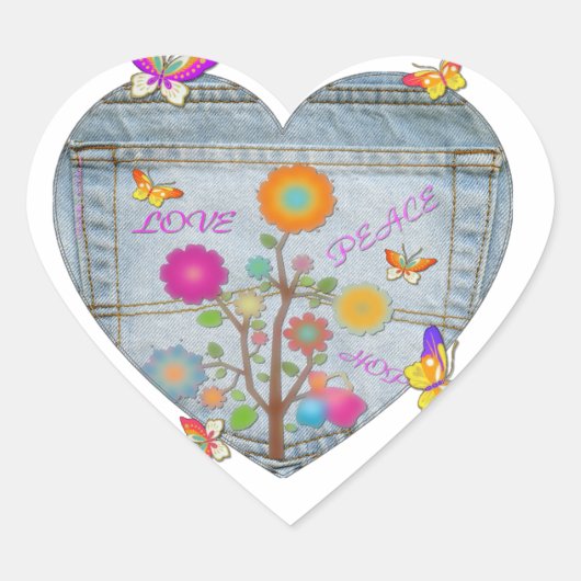 Denim Pocket Heart Flowers Butterflies Hart Sticker (Voorkant)