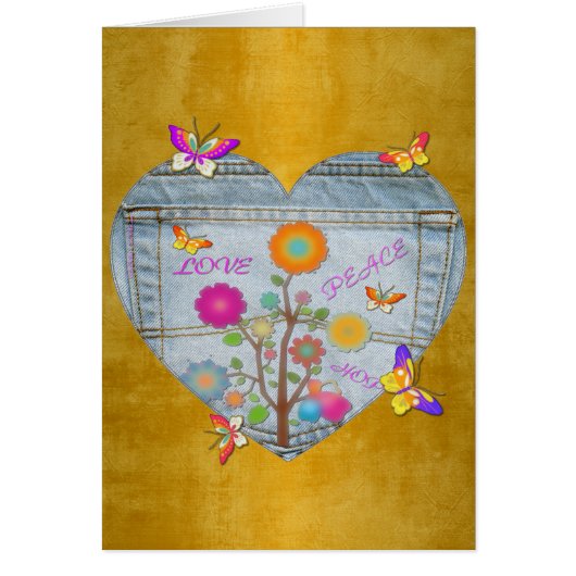 Denim Pocket Heart Flowers Butterflies-kaart (Voorkant)