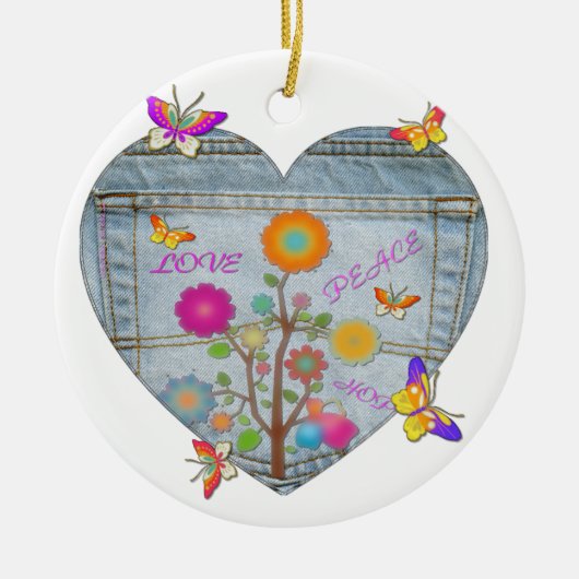 Denim Pocket Heart Flowers Butterflies Keramisch Ornament (Voorkant)