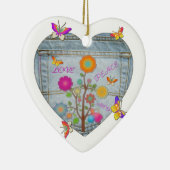 Denim Pocket Heart Flowers Butterflies Keramisch Ornament (Rechts)