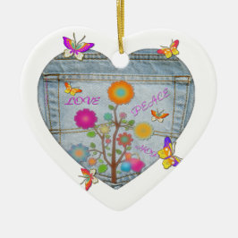 Denim Pocket Heart Flowers Butterflies Keramisch Ornament