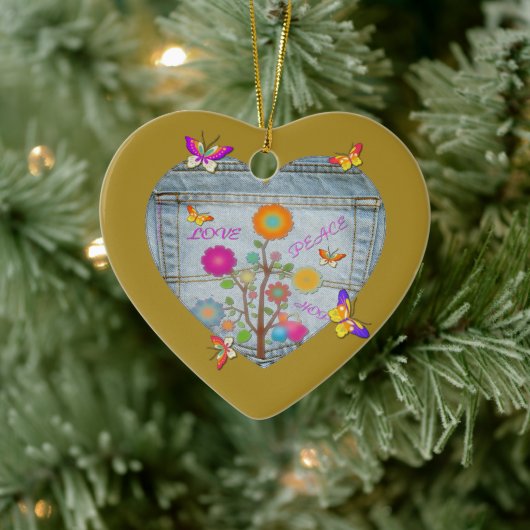 Denim Pocket Heart Flowers Butterflies Keramisch Ornament (Boom)