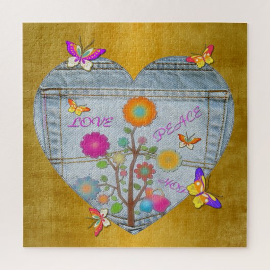 Denim Pocket Heart Flowers Butterflies Legpuzzel (Verticaal)