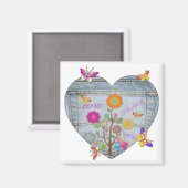Denim Pocket Heart Flowers Butterflies Magneet (Voorkant / Achterkant)