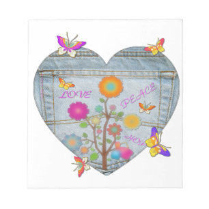 Denim Pocket Heart Flowers Butterflies Notitieblok