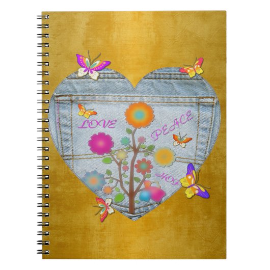 Denim Pocket Heart Flowers Butterflies Notitieboek (Voorkant)