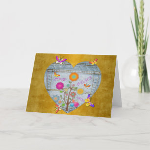 Denim Pocket Heart Flowers Butterflies op Gold Feestdagen Kaart
